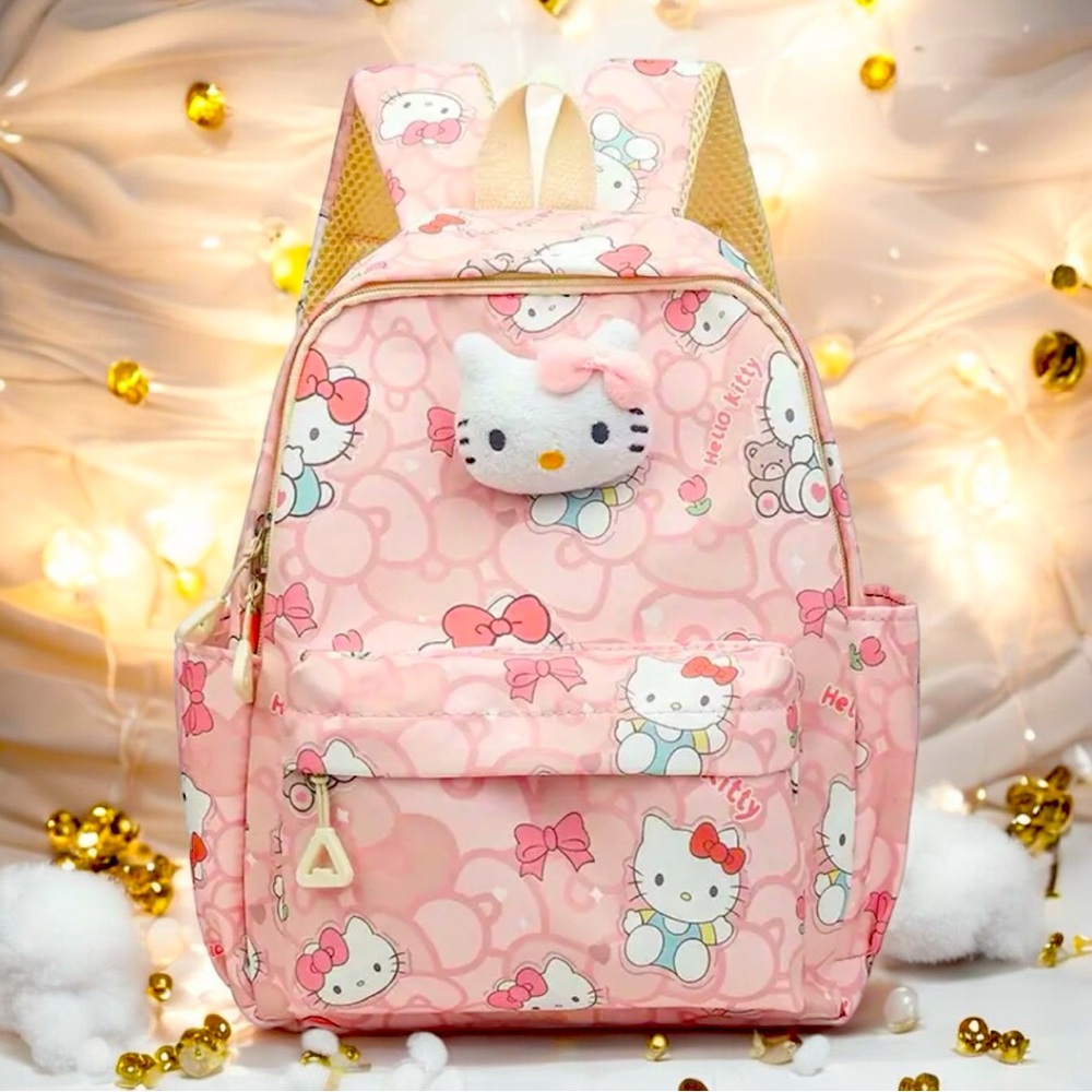 🆕 Hello Kitty Cartoon Anime Lightweight Kawaii Travel Daypack w/ Plush Pet Pin